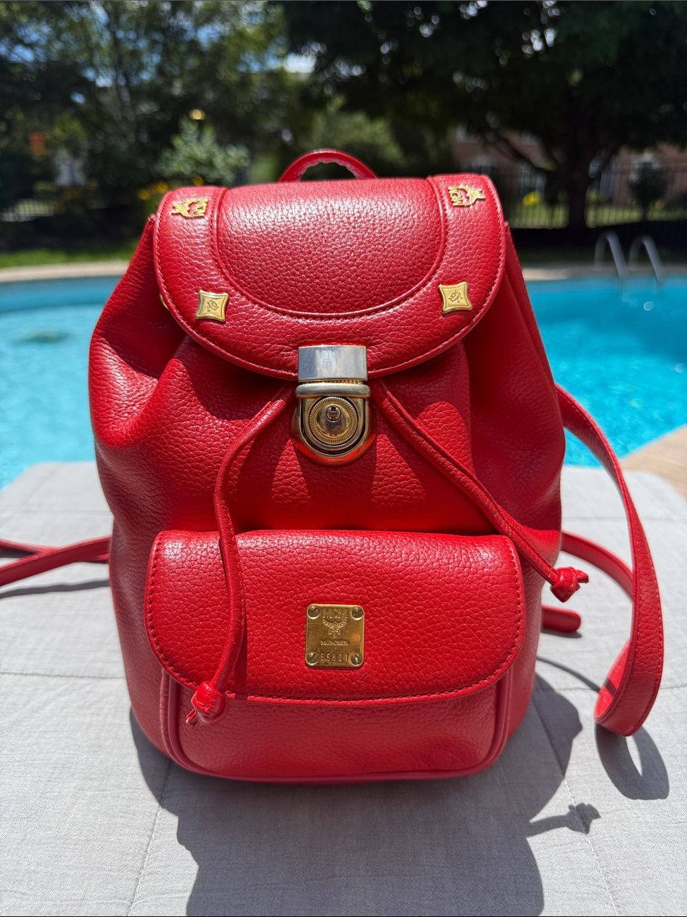 MCM Red Pebbled Leather Mini Backpack with Gold Hardware